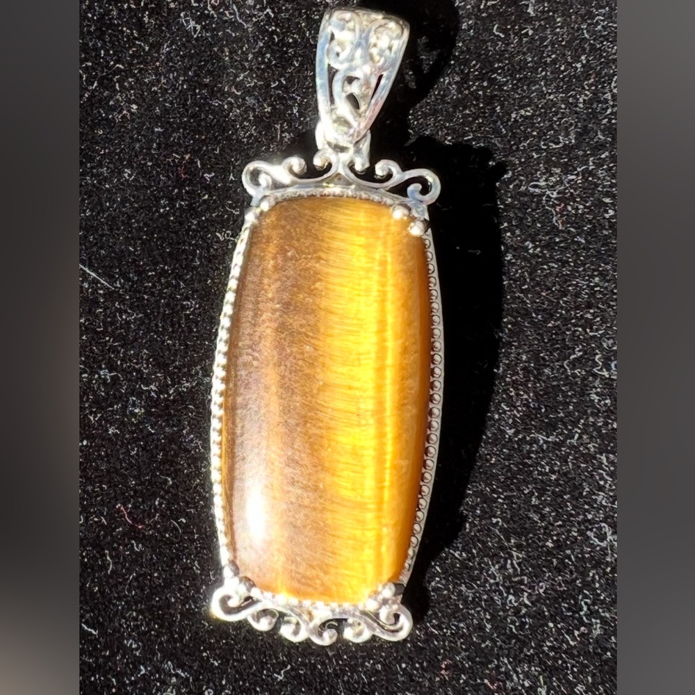 Vintage STS Karis Tiger's Eye Pendant with Ornate Silver Filagree Accents